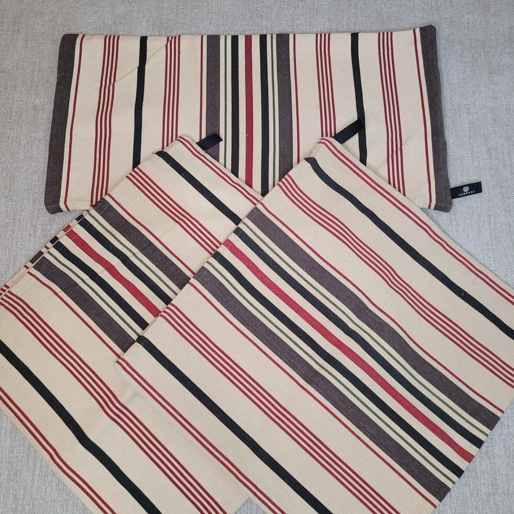 3 Newport Throw Pillow Covers (1) 13x26 & (2) 20x20 Striped Red Black Beige